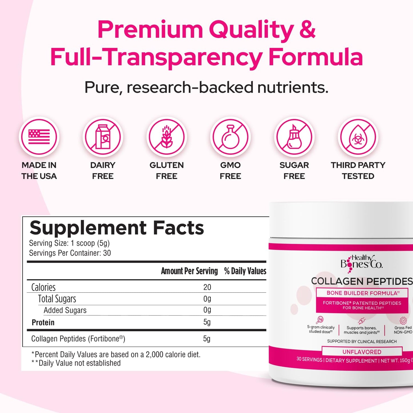 FORTIBONE Collagen Peptides Essential Bone Builder Hydrolyzed Collagen Powder for Women & Men, Clinically-Supported for Bone Strength & Density - Maple Wellness Supplements
