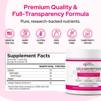 FORTIBONE Collagen Peptides Essential Bone Builder Hydrolyzed Collagen Powder for Women & Men, Clinically-Supported for Bone Strength & Density - Maple Wellness Supplements