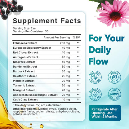 FORTILUME Liposomal Lymphatic Drainage Drops, 13 in 1 Lymphatic Support Drops with Elderberry & Echinacea, Immune & Lymph System Support, Raspberry Flavor, 2 Fl.Oz (30 Servings) - Maple Wellness Supplements
