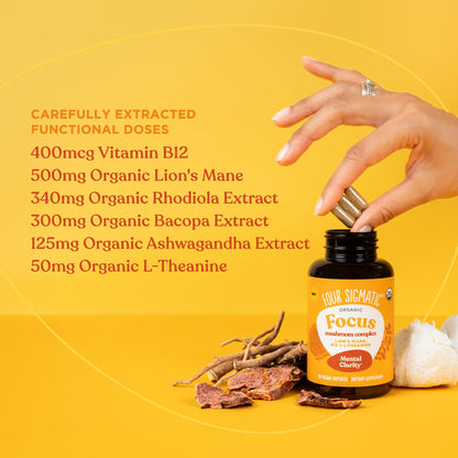 Four Sigmatic Focus Capsules | Lion's Mane Supplement Capsules | Brain Boosting Complex with Ashwagandha, Bacopa Monnieri & Rhodiola | Vegan Nootropic Adaptogen & Mushroom Supplement | 30 Servings - Maple Wellness Supplements