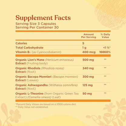 Four Sigmatic Focus Capsules | Lion's Mane Supplement Capsules | Brain Boosting Complex with Ashwagandha, Bacopa Monnieri & Rhodiola | Vegan Nootropic Adaptogen & Mushroom Supplement | 30 Servings - Maple Wellness Supplements
