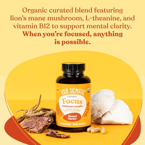 Four Sigmatic Focus Capsules | Lion's Mane Supplement Capsules | Brain Boosting Complex with Ashwagandha, Bacopa Monnieri & Rhodiola | Vegan Nootropic Adaptogen & Mushroom Supplement | 30 Servings - Maple Wellness Supplements
