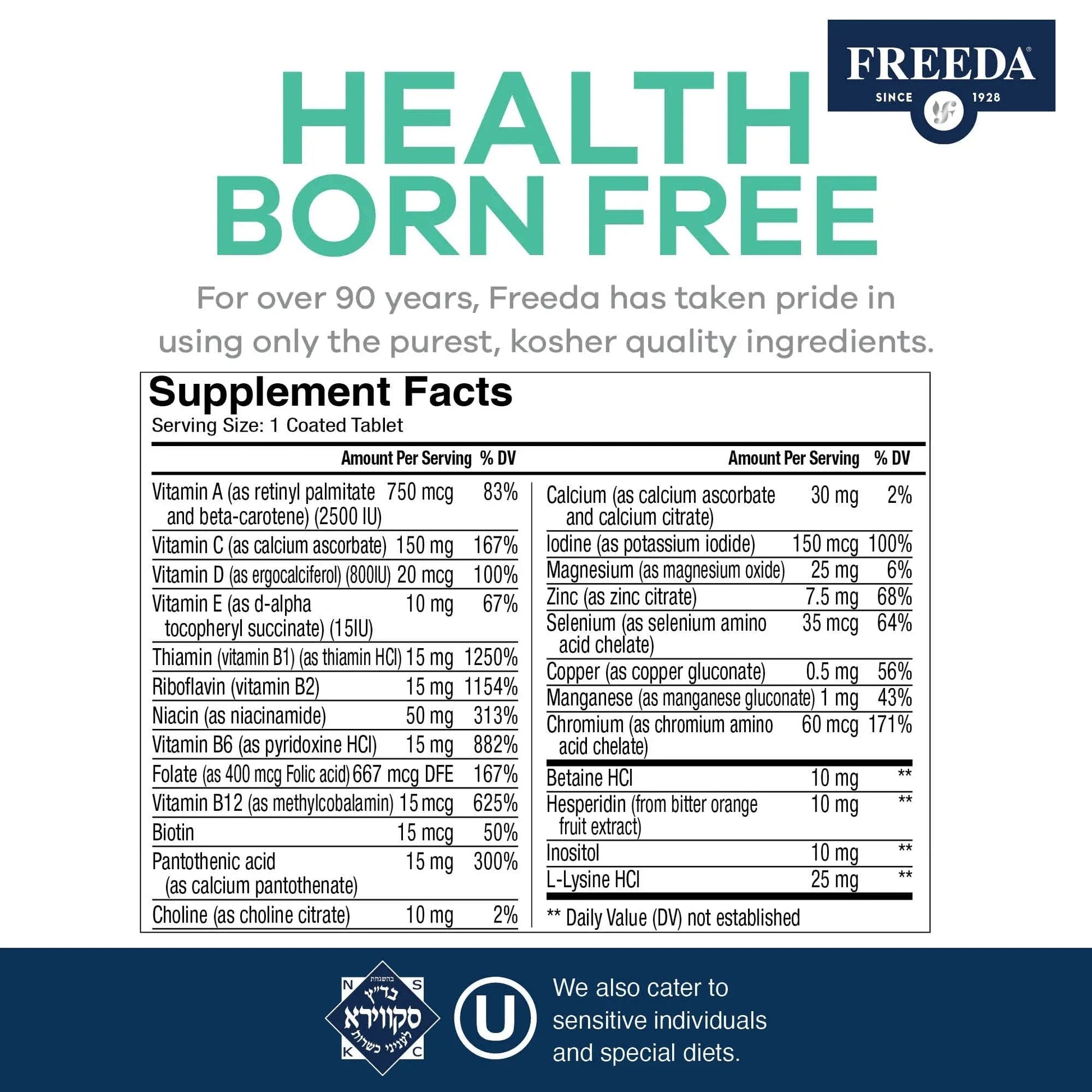 Freeda Senior Multivitamin - Kosher Vitamins for Men & Women 60 and Over - One Daily Coated Tablet - Women’s & Men’s Vitamins Multivitamin 60 Plus - Maple Wellness Supplements