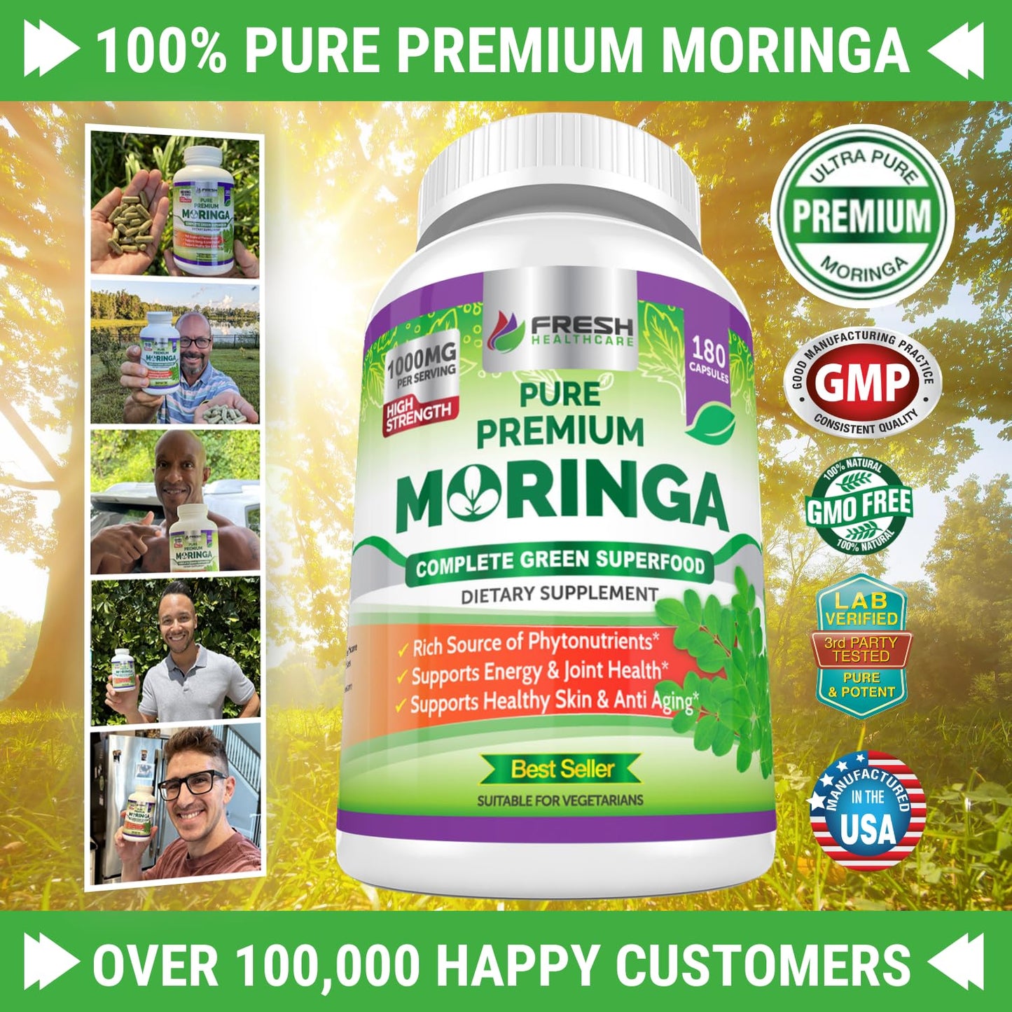 FRESH HEALTHCARE Moringa Capsules – 100% Pure Leaf Powder - 180 Pills, Non-GMO - 3 Month Supply - Complete Green Superfood for Energy - Maple Wellness Supplements