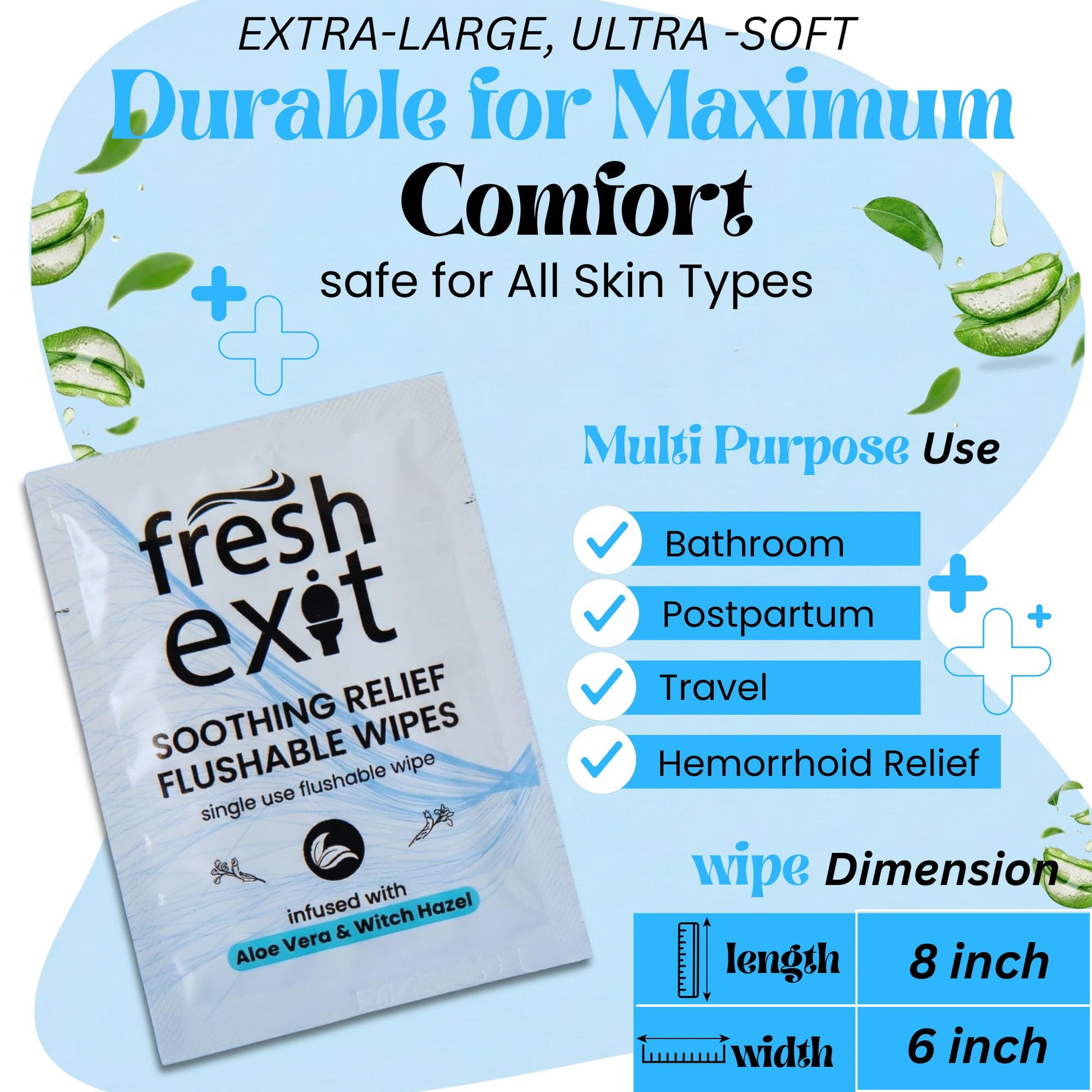FreshExit Flushable Hemorrhoid Wipes – 36 Count – Individually Wrapped with Witch Hazel & Aloe Vera, Large Discreet Travel Wipes for Adults, Soothing & Gentle on Skin - Maple Wellness Supplements