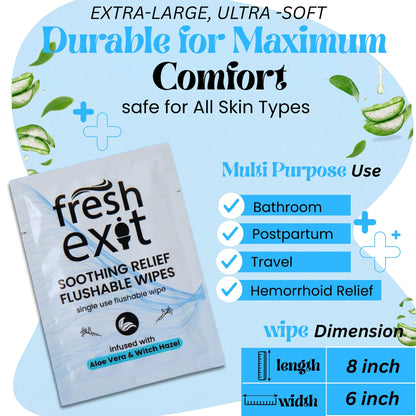 FreshExit Flushable Hemorrhoid Wipes – 36 Count – Individually Wrapped with Witch Hazel & Aloe Vera, Large Discreet Travel Wipes for Adults, Soothing & Gentle on Skin - Maple Wellness Supplements