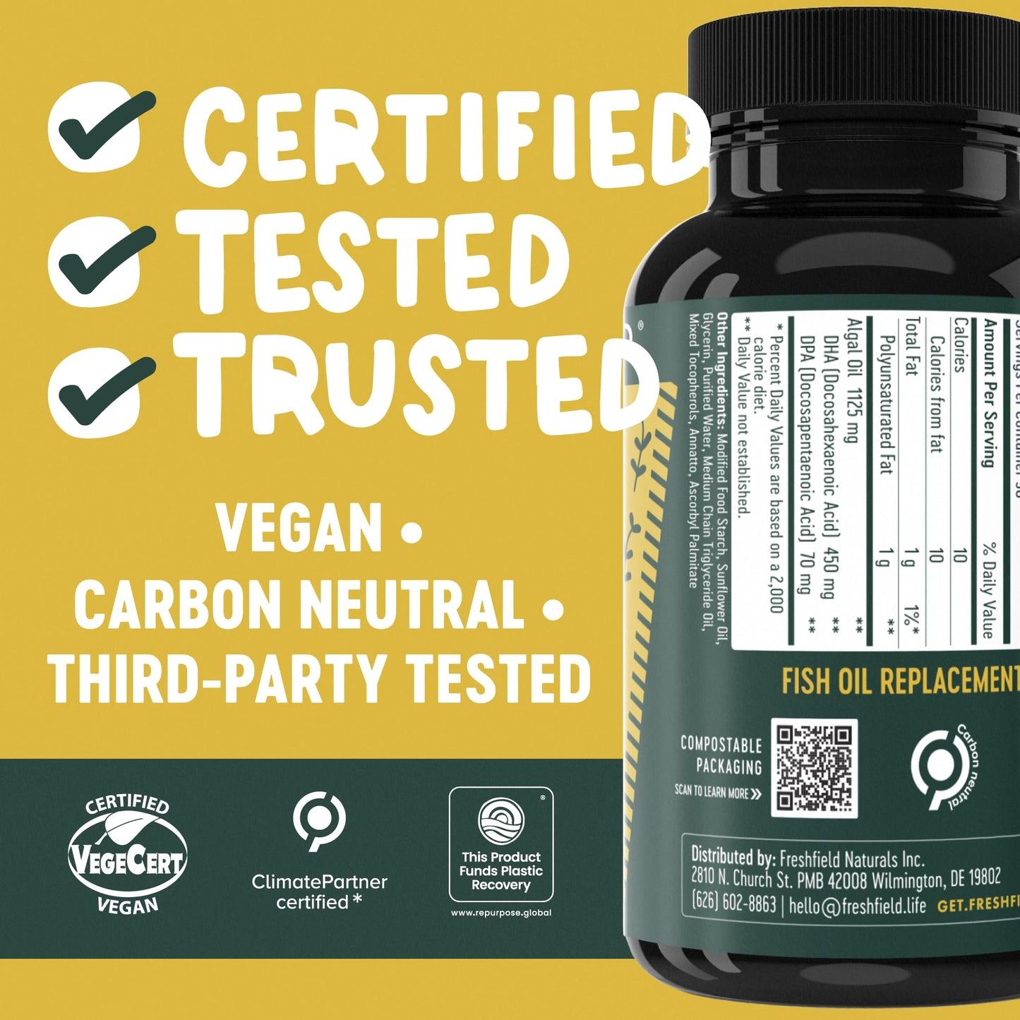 Freshfield Vegan Omega 3, Algae (Algal) Oil, Fish Oil Free Company, Third Party Tested, Carrageenan Free, DHA Supplement w/DPA - Maple Wellness Supplements