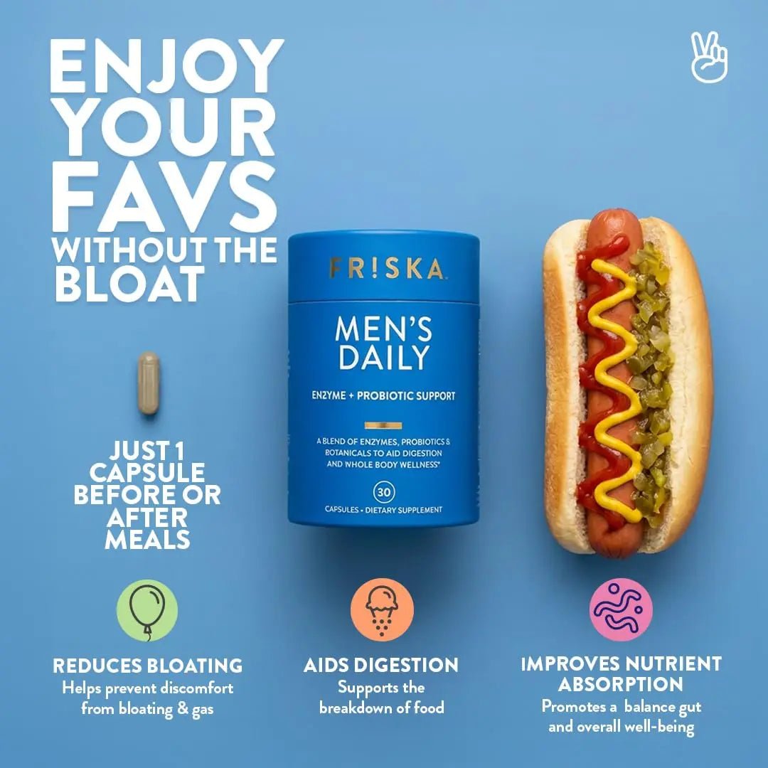 Friska Daily Digestive Enzymes with Probiotics for Men - Helps Break Down Protein, Fat & Carbs, Reduces Bloating & Gas, with Vitamins B6 & B12, 30 Capsules - Maple Wellness Supplements