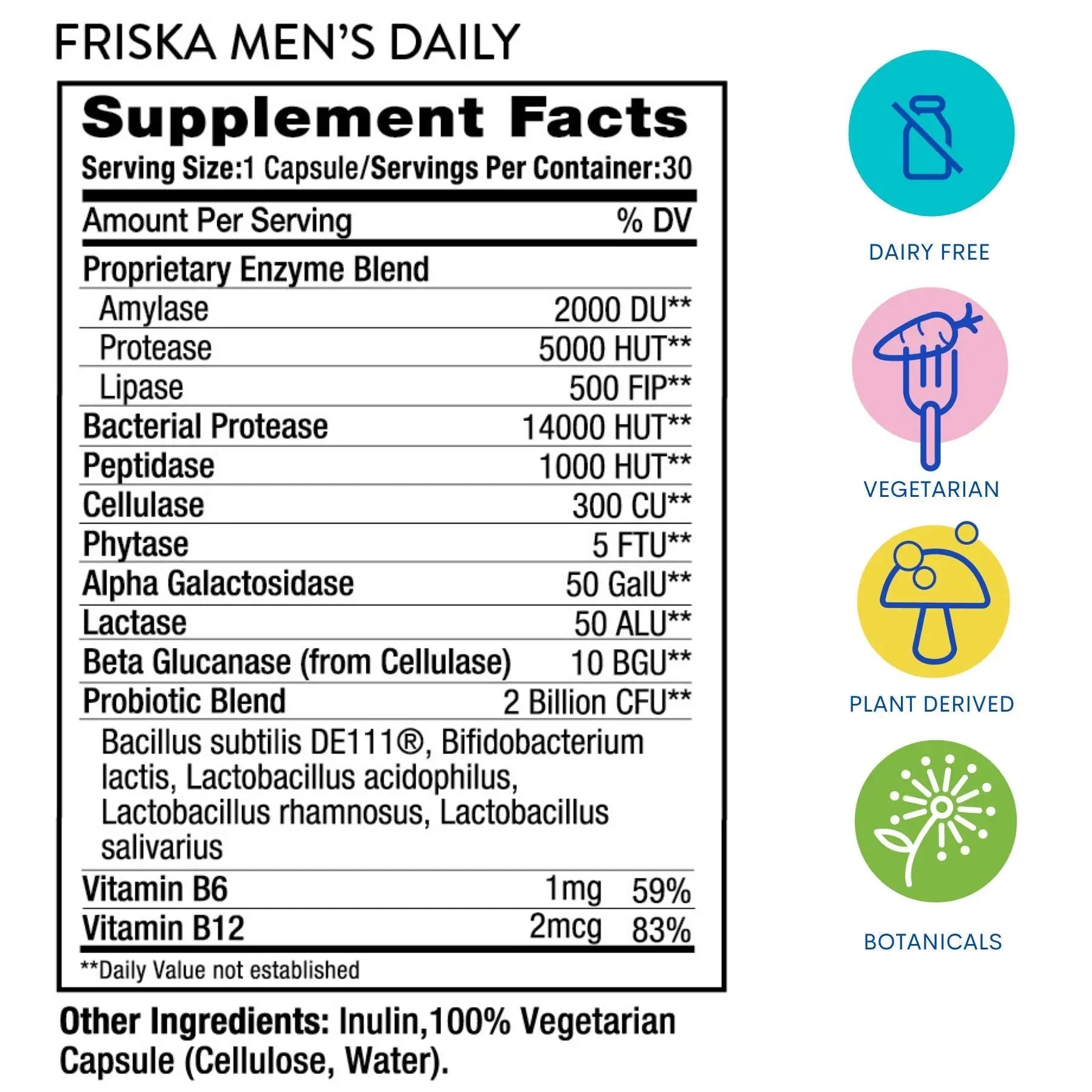 Friska Daily Digestive Enzymes with Probiotics for Men - Helps Break Down Protein, Fat & Carbs, Reduces Bloating & Gas, with Vitamins B6 & B12, 30 Capsules - Maple Wellness Supplements