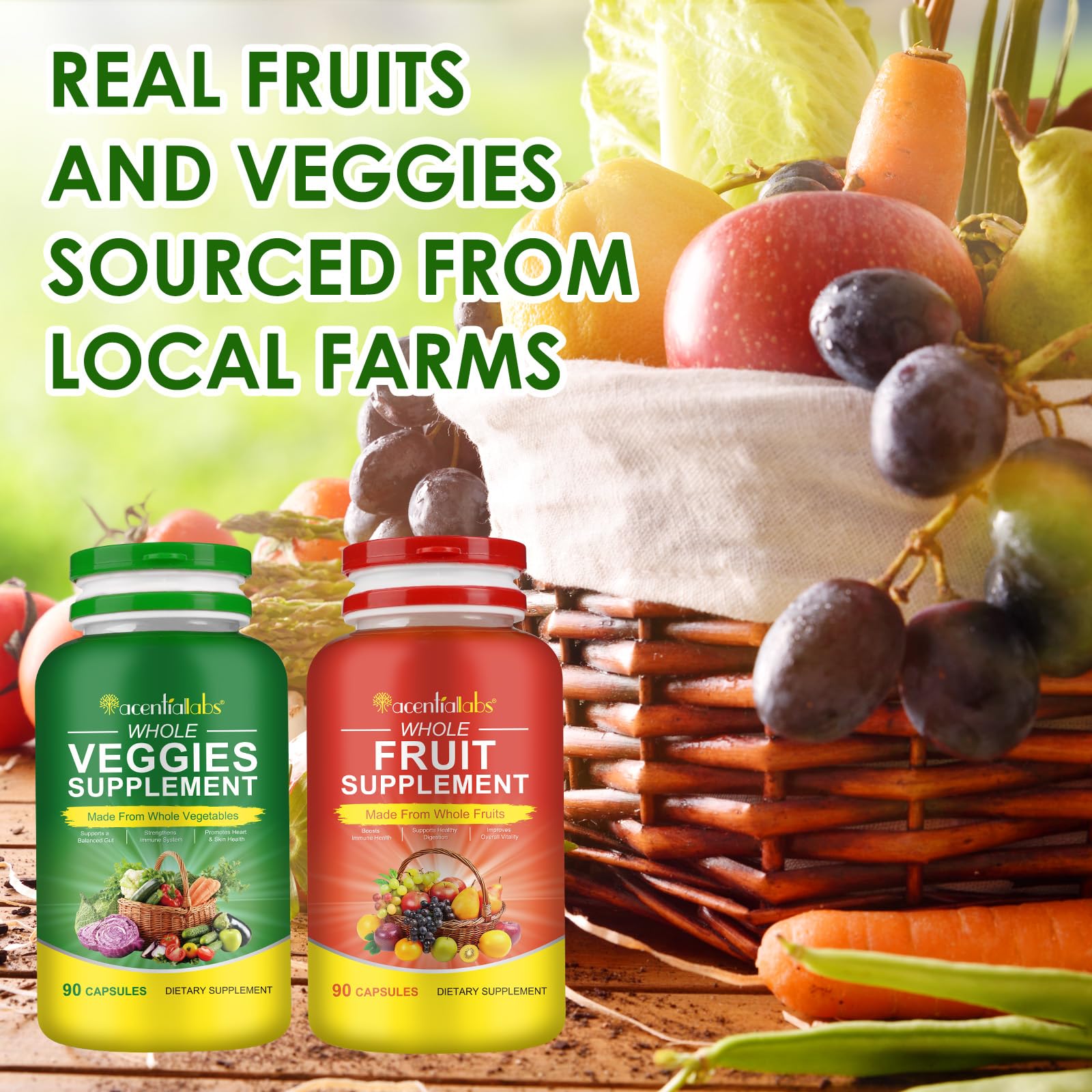 Fruit & Veggies Capsules | Daily Fruit & Vegetable Blend | 2 Bottles – 180 Vegetarian Capsules | Plant-Based Superfood Formula | Non-GMO, Gluten Free - Maple Wellness Supplements