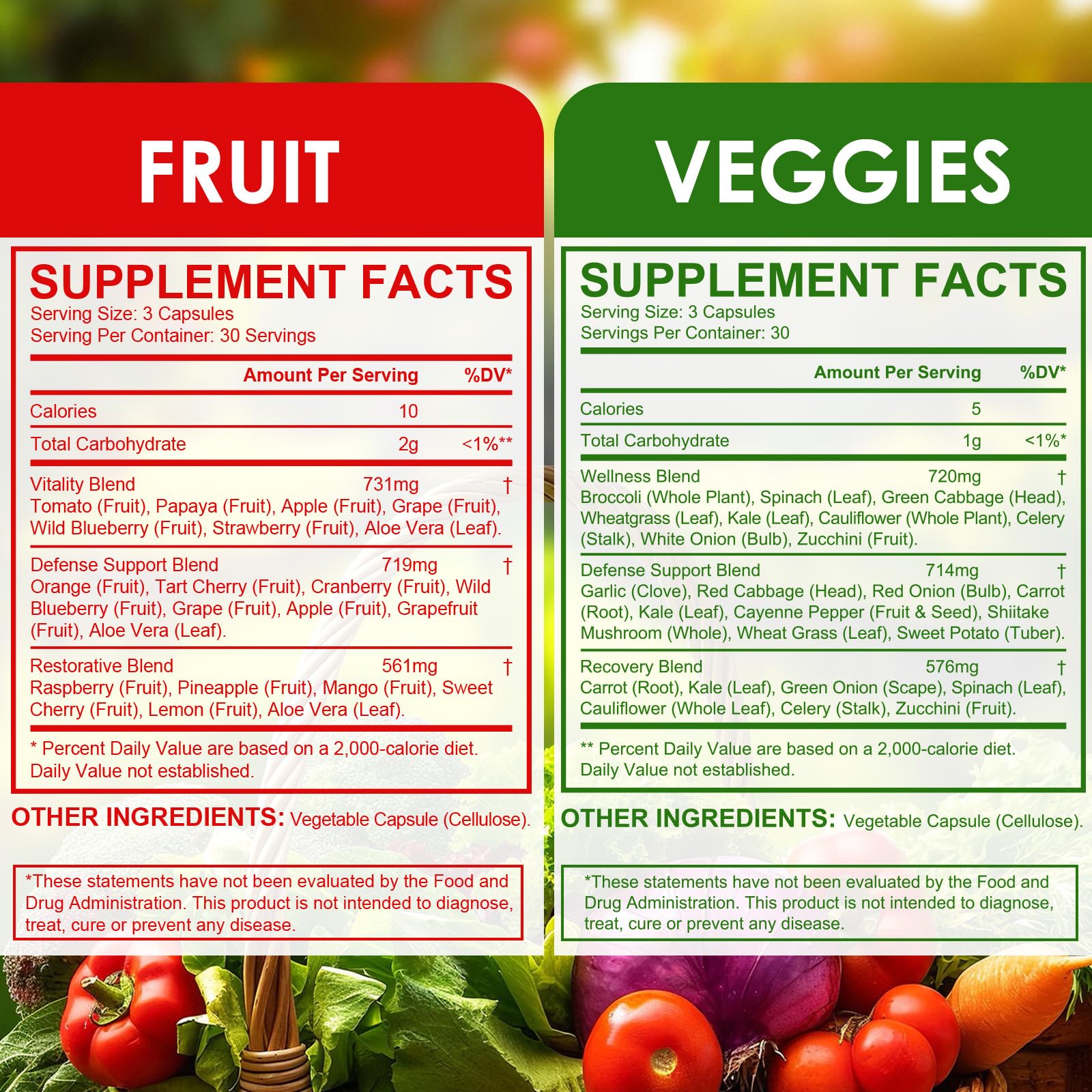 Fruit & Veggies Capsules | Daily Fruit & Vegetable Blend | 2 Bottles – 180 Vegetarian Capsules | Plant-Based Superfood Formula | Non-GMO, Gluten Free - Maple Wellness Supplements
