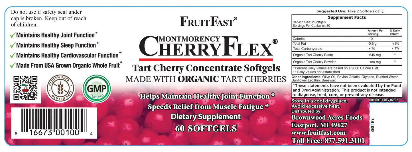 FruitFast CherryFlex 100% Red Tart Organic Cherry Concentrate Supplement - Chewable Softgel - 60 Count - Non-GMO and Gluten Free - Promotes Healthy Joint Function* - Maple Wellness Supplements