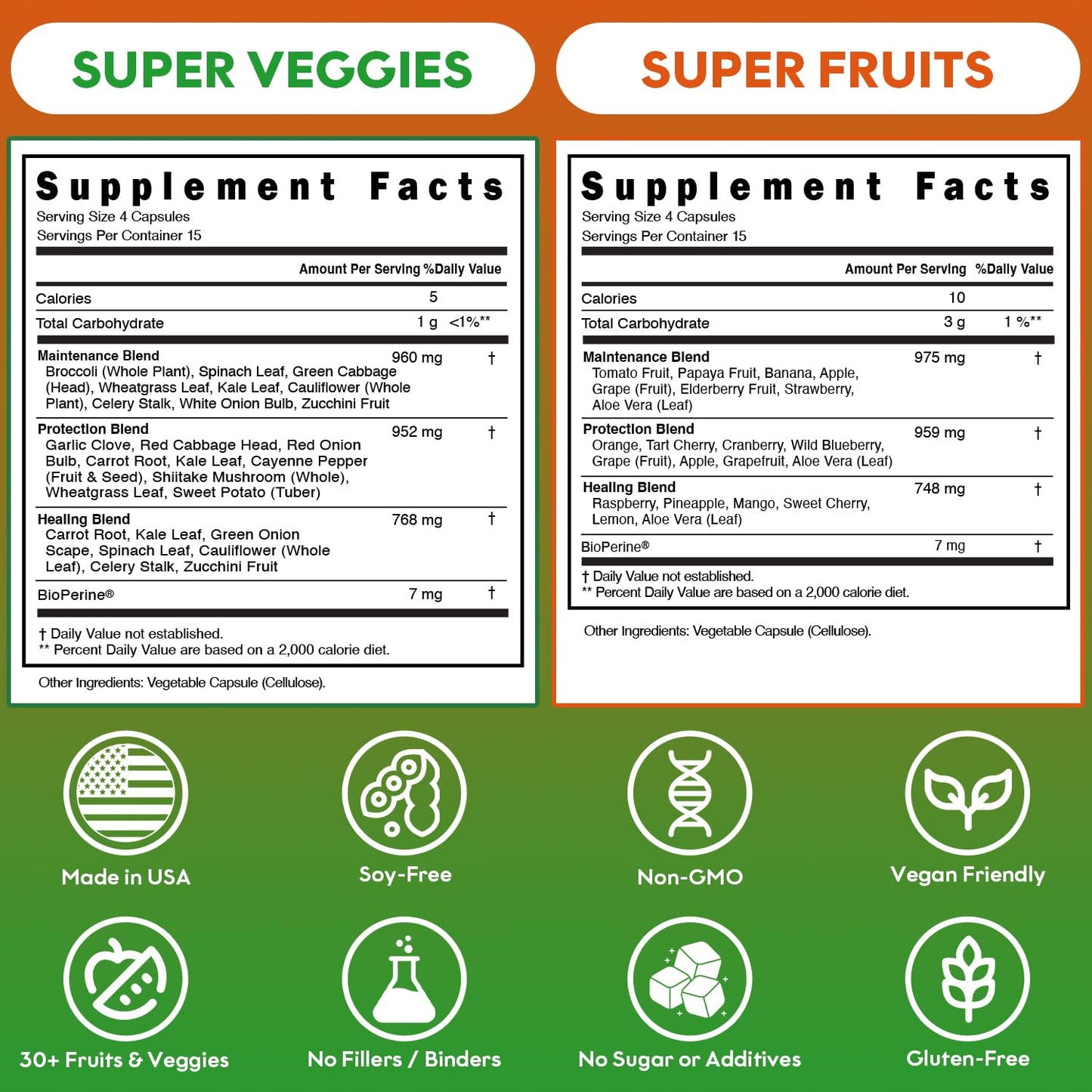 Fruits and Veggies Supplement (60 Day Supply) Powerfull Blend of 39 Whole Fruits and Veggies, Fills Nutritional Gaps, Get Energy, Well-being. USA Made Non-GMO/Vegan/Gluten Free. Packaging May Vary - Maple Wellness Supplements