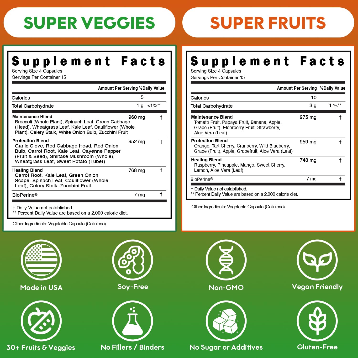 Fruits and Veggies Supplement (60 Day Supply) Powerfull Blend of 39 Whole Fruits and Veggies, Fills Nutritional Gaps, Get Energy, Well-being. USA Made Non-GMO/Vegan/Gluten Free. Packaging May Vary - Maple Wellness Supplements