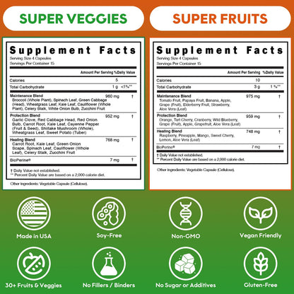 Fruits and Veggies Supplement (60 Day Supply) Powerfull Blend of 39 Whole Fruits and Veggies, Fills Nutritional Gaps, Get Energy, Well-being. USA Made Non-GMO/Vegan/Gluten Free. Packaging May Vary - Maple Wellness Supplements