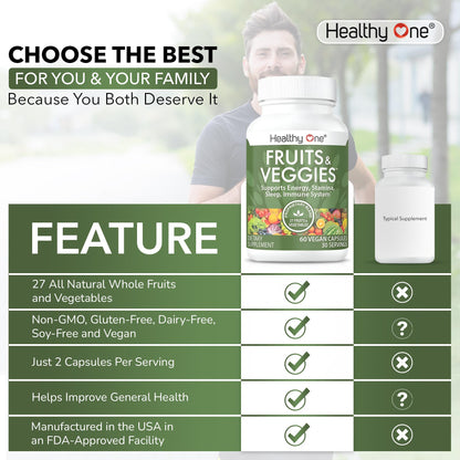 Fruits & Veggies Formula - 27 Premium Whole Foods - Organic Ingredients - Equals 3 Servings of Fruits & Vegetables - Improve Energy, Focus & Immune Function - Fiber - Antioxidants - 120ct (60 Serv) - Maple Wellness Supplements