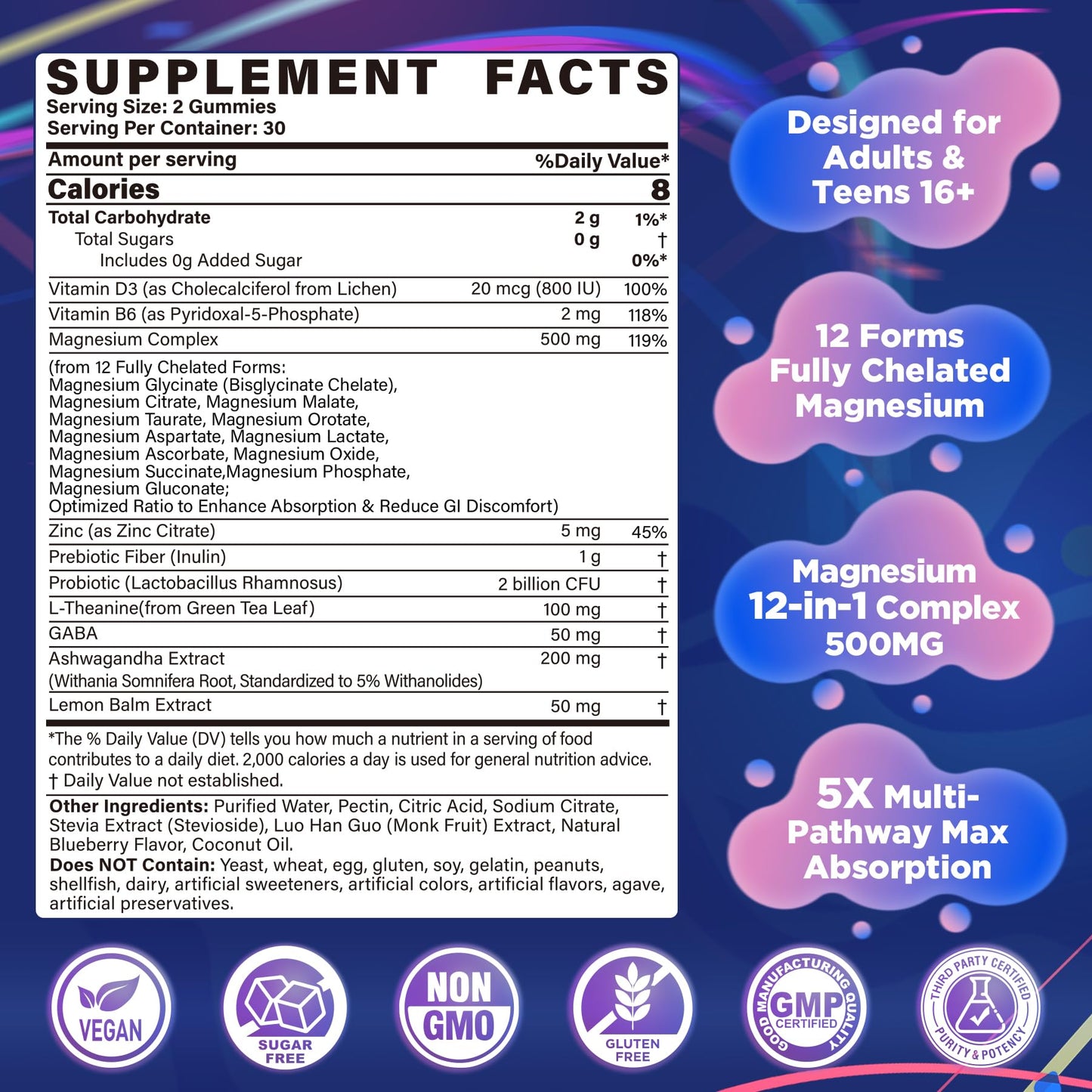 Full Spectrum Magnesium Glycinate Complex 21 in 1 Gummies for Deep Calm Sleep, 12 Forms Magnesium Citrate Malate Taurate Orotate for Women Men + Probiotics w/Ashwagandha, L-Theanine, GABA, 120Cts - Maple Wellness Supplements