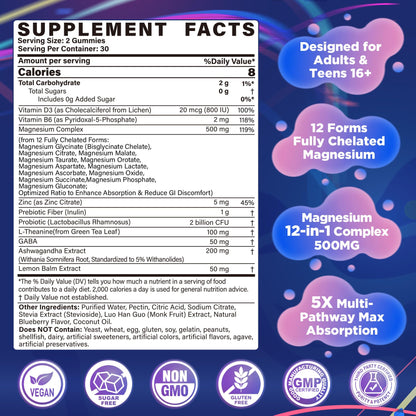 Full Spectrum Magnesium Glycinate Complex 21 in 1 Gummies for Deep Calm Sleep, 12 Forms Magnesium Citrate Malate Taurate Orotate for Women Men + Probiotics w/Ashwagandha, L-Theanine, GABA, 120Cts - Maple Wellness Supplements