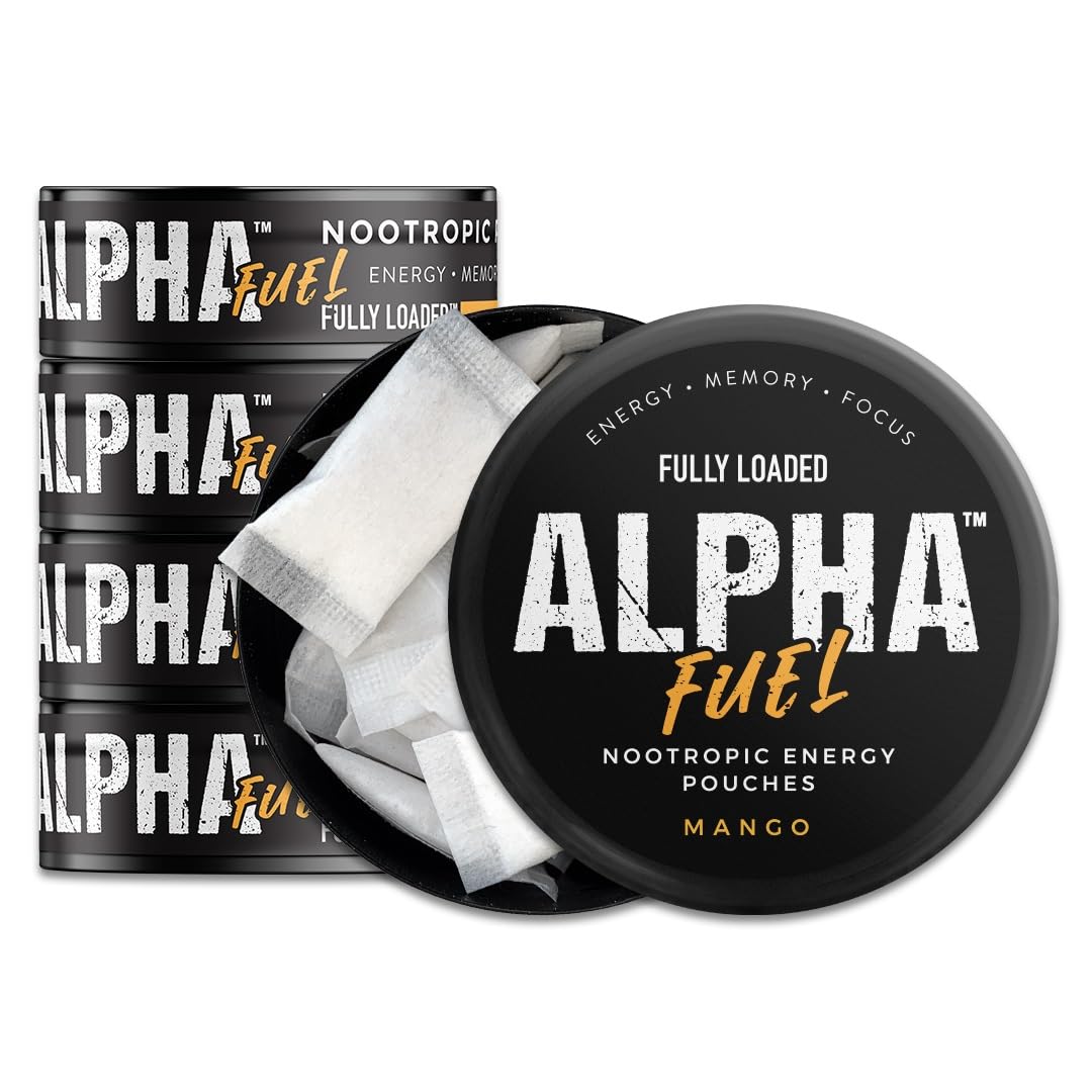 Fully Loaded Alpha Fuel Nootropic Pouches (Mango Fuel) - 5 cans, 15 Pouches per can - Energy Pouches containing Caffeine and nootropic Blend - Maple Wellness Supplements