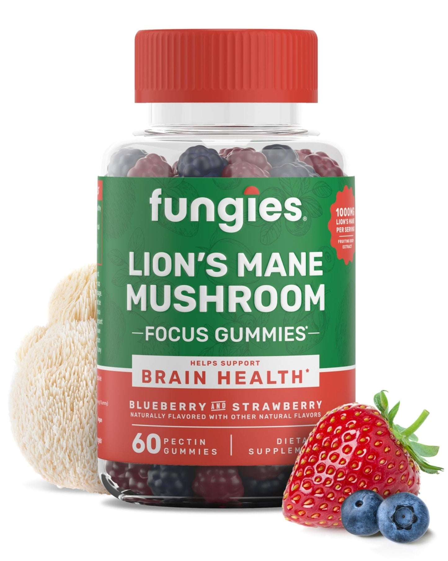 Fungies Lion's Mane Mushroom Gummies, Mixed Blueberry & Strawberry Flavor - Mushroom Supplement Gummy for Adults & Children Supports Brain Health, Cognitive Function - Maple Wellness Supplements