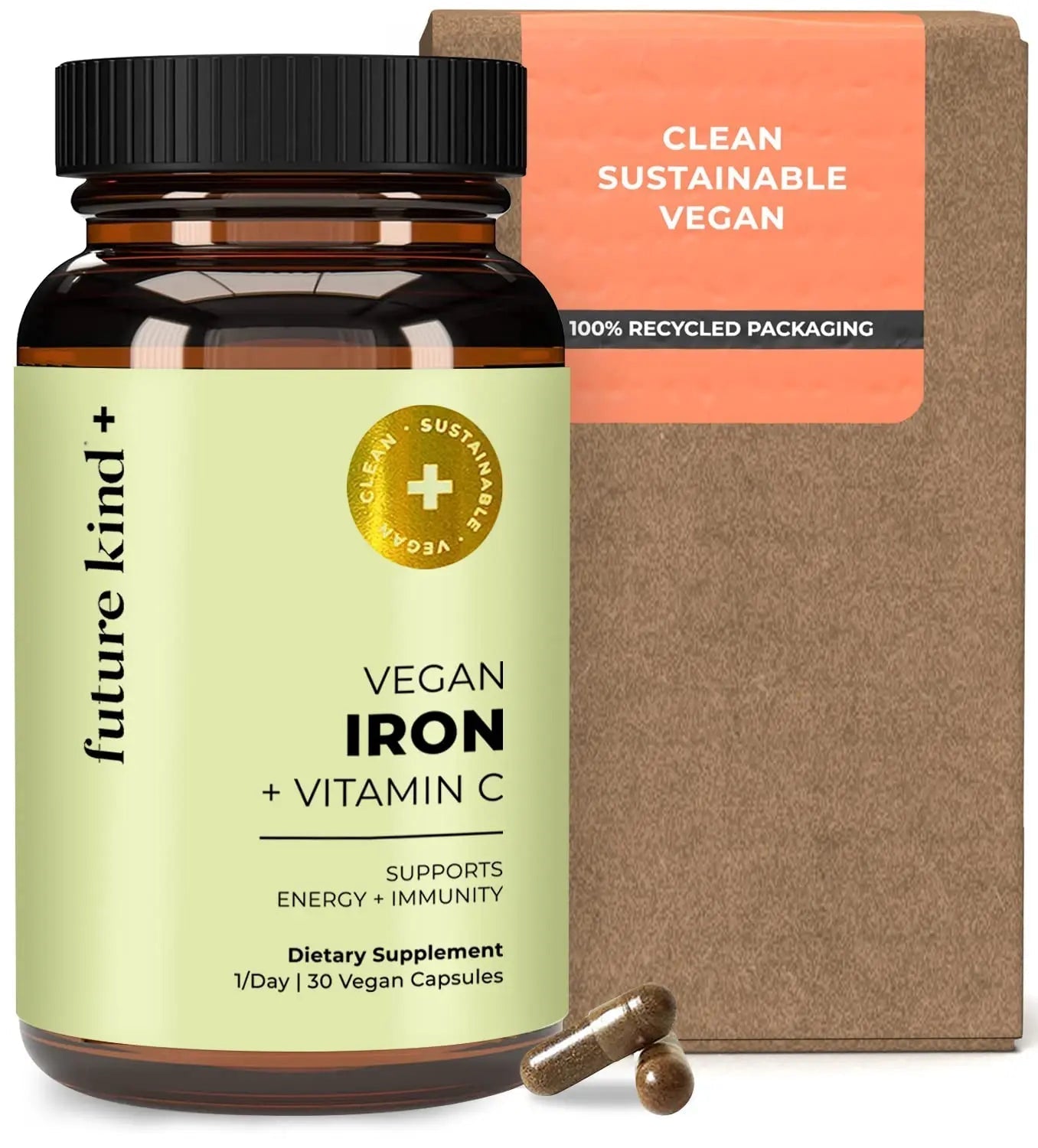 Future Kind Iron Supplement for Women and Men, Daily Energy & Focus, Chelated Iron Bisglycinate, 18mg 100% DV with Vitamin C for Absorption - Gentle on Stomach, Non-GMO Vegan Capsules, 30 Day Supply - Maple Wellness Supplements