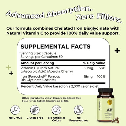 Future Kind Iron Supplement for Women and Men, Daily Energy & Focus, Chelated Iron Bisglycinate, 18mg 100% DV with Vitamin C for Absorption - Gentle on Stomach, Non-GMO Vegan Capsules, 30 Day Supply - Maple Wellness Supplements