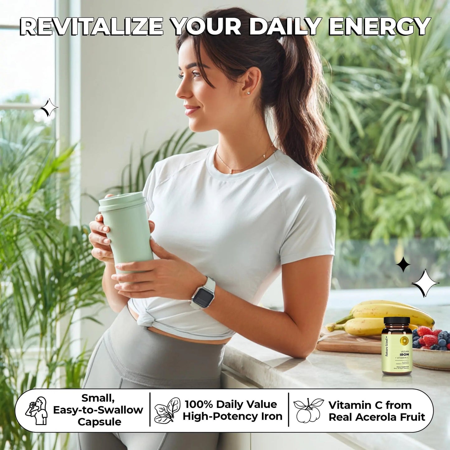 Future Kind Iron Supplement for Women and Men, Daily Energy & Focus, Chelated Iron Bisglycinate, 18mg 100% DV with Vitamin C for Absorption - Gentle on Stomach, Non-GMO Vegan Capsules, 30 Day Supply - Maple Wellness Supplements
