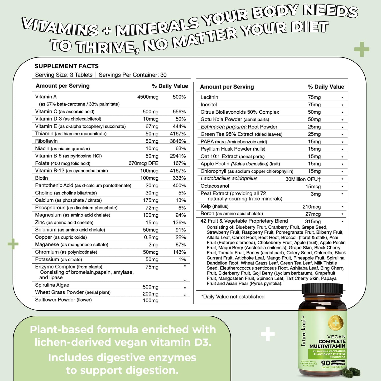 Future Kind Vegan Multivitamins Complete - 42-in-1 Vegan Multivitamins for Women & Men with Enzymes, B12, Zinc, & Probiotics for Digestion - Maple Wellness Supplements