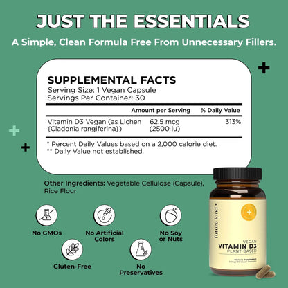 Future Kind Vitamin D3 2500 IU for Bone and Muscle Function, Vitamin D Vegan Supplement from Plant Lichen, Non-GMO, Sugar Free, Pure Vitamin D3, Promotes Natural Resilience, 30 Capsules - Maple Wellness Supplements