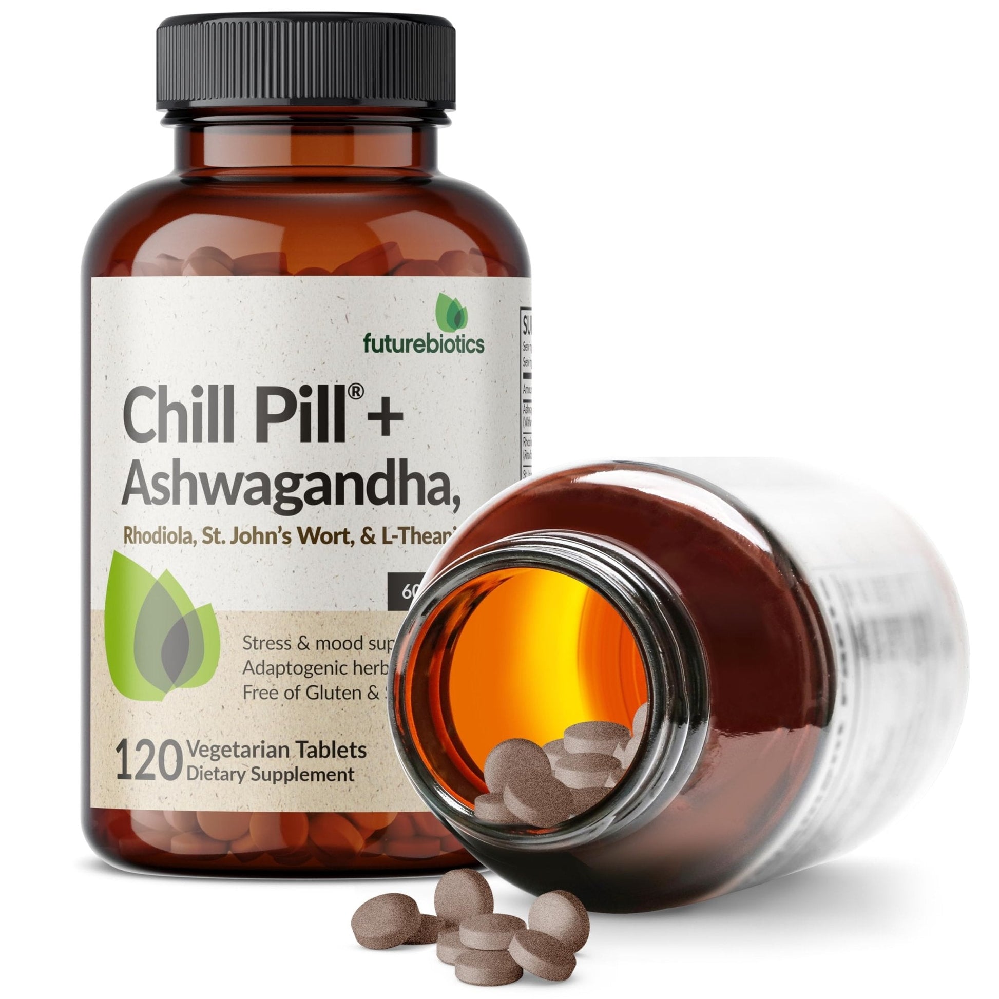 Futurebiotics Chill Pill + Ashwagandha, Rhodiola, St. John’s Wort, & L-Theanine - Non-GMO, 120 Vegetarian Tablets - Maple Wellness Supplements