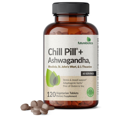 Futurebiotics Chill Pill + Ashwagandha, Rhodiola, St. John’s Wort, & L-Theanine - Non-GMO, 120 Vegetarian Tablets - Maple Wellness Supplements