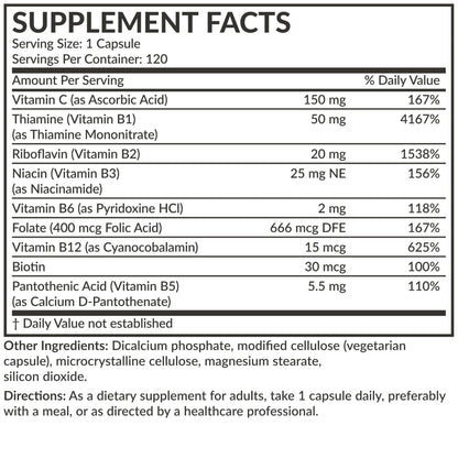 Futurebiotics Vitamin B Complex with Vitamin C Supports Energy Production, Nervous System & Immune Support - Non-GMO, 120 Vegetarian Capsules - Maple Wellness Supplements