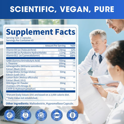 GABA Supplements 750mg with L Theanine, 5HTP, Ashwagandha, Lemon Balm, Ginkgo Biloba, Omega-3, 10 in 1 GABA Calm Capsules for Sleep, Relaxation, Focus, Mood Support, Cortisol Balance - 90CT - Maple Wellness Supplements
