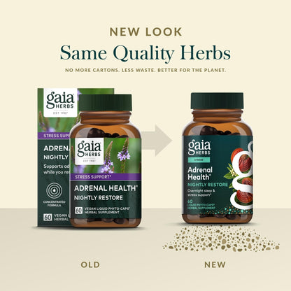 Gaia Herbs Adrenal Health Nightly Restore - Herbal Supplement with Ashwagandha, Magnolia Bark, Cordyceps, Lemon Balm & More* - 60 Vegan Liquid Phyto-Caps (30 Servings) - Maple Wellness Supplements