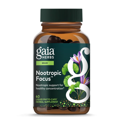Gaia Herbs Nootropic Focus - Brain & Cognitive Support Supplement to Help Maintain Healthy Concentration* - with Saffron, Lemon Balm & Spearmint - 40 Liquid Phyto-Capsules (20 Servings) - Maple Wellness Supplements