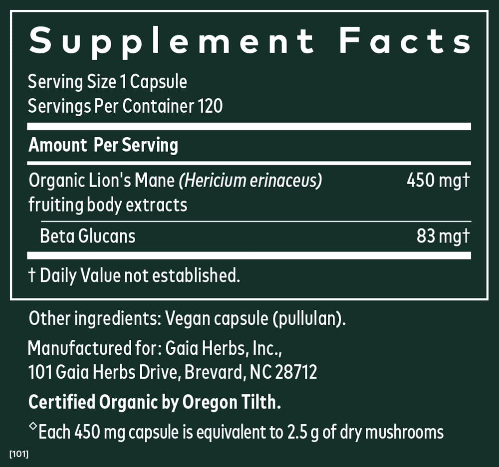 Gaia Herbs Organic Lion’s Mane Mushroom - Brain and Nerve Support Supplement - Maple Wellness Supplements