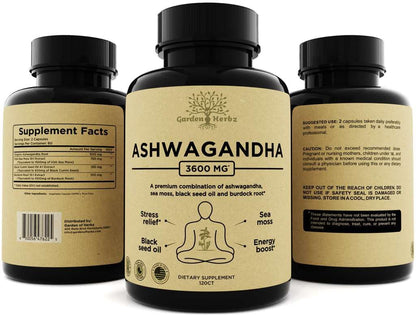 Garden of Herbz Organic Ashwagandha Root & Irish Sea Moss – 3,600 mg Ashwagandha Supplement with Black Seed Oil, & Burdock Root – Herbal Supplement for Energy, Calm, Mood, & Wellness, 120 Caps - Maple Wellness Supplements