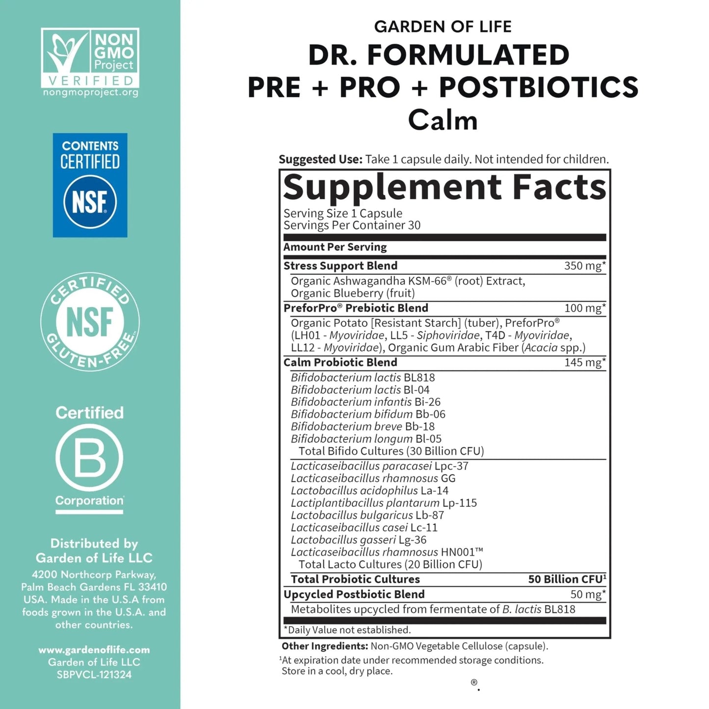 Garden of Life Dr. Formulated Pre, Post & Probiotics Calm 50 Billion CFU Daily 3-in-1 Complete Supplement with Ashwagandha – Mood Support, Digestive & Immune Support, 30 Vegetarian Capsules - Maple Wellness Supplements