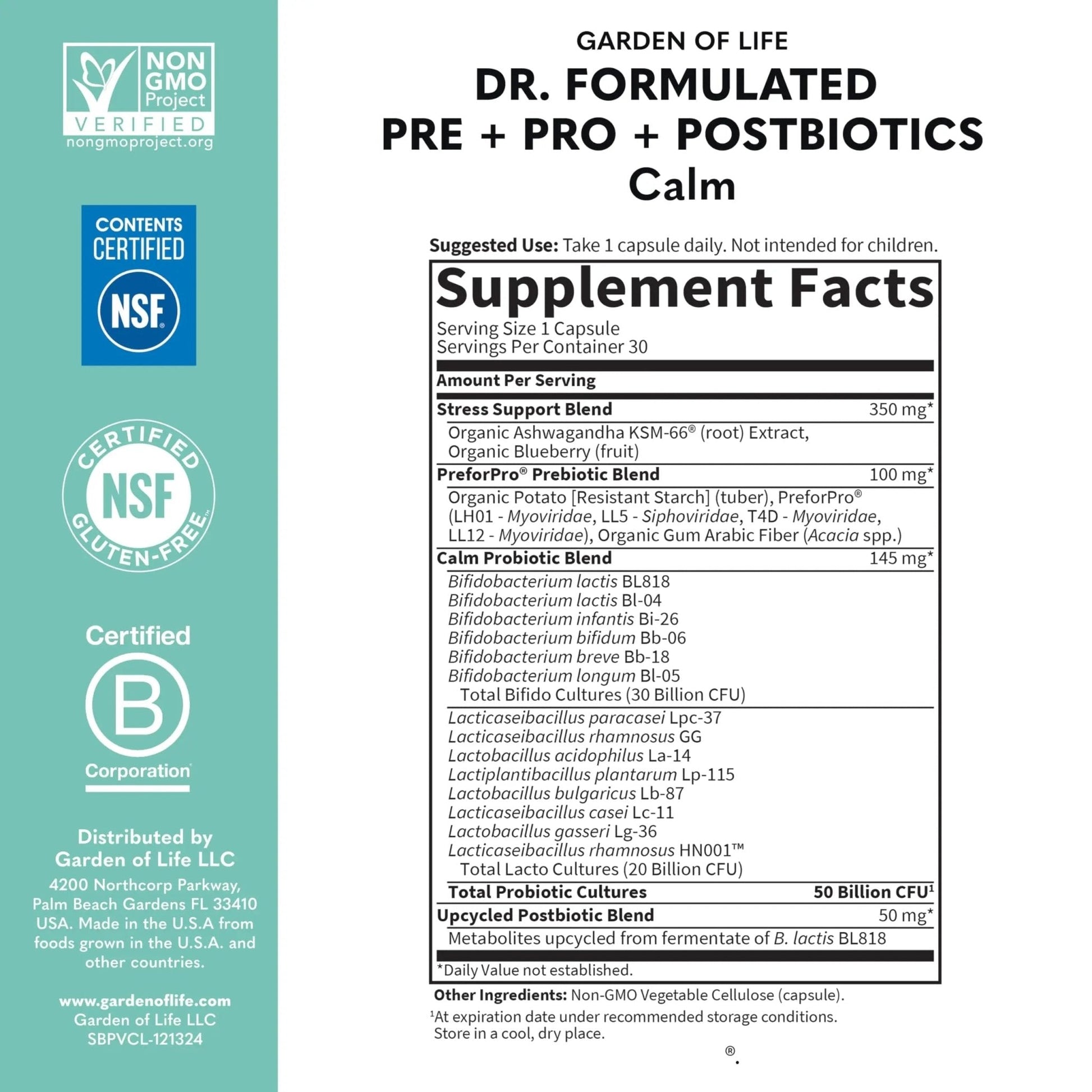 Garden of Life Dr. Formulated Pre, Post & Probiotics Calm 50 Billion CFU Daily 3-in-1 Complete Supplement with Ashwagandha – Mood Support, Digestive & Immune Support, 30 Vegetarian Capsules - Maple Wellness Supplements