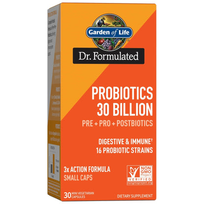 Garden of Life Dr Formulated Probiotics 30 Billion CFU Pre + Pro + Postbiotics for Men and Women Digestive and Immune Support, Potato, Acacia, Postbiotic Metabolites, 30 Mini Vegetarian Capsules - Maple Wellness Supplements