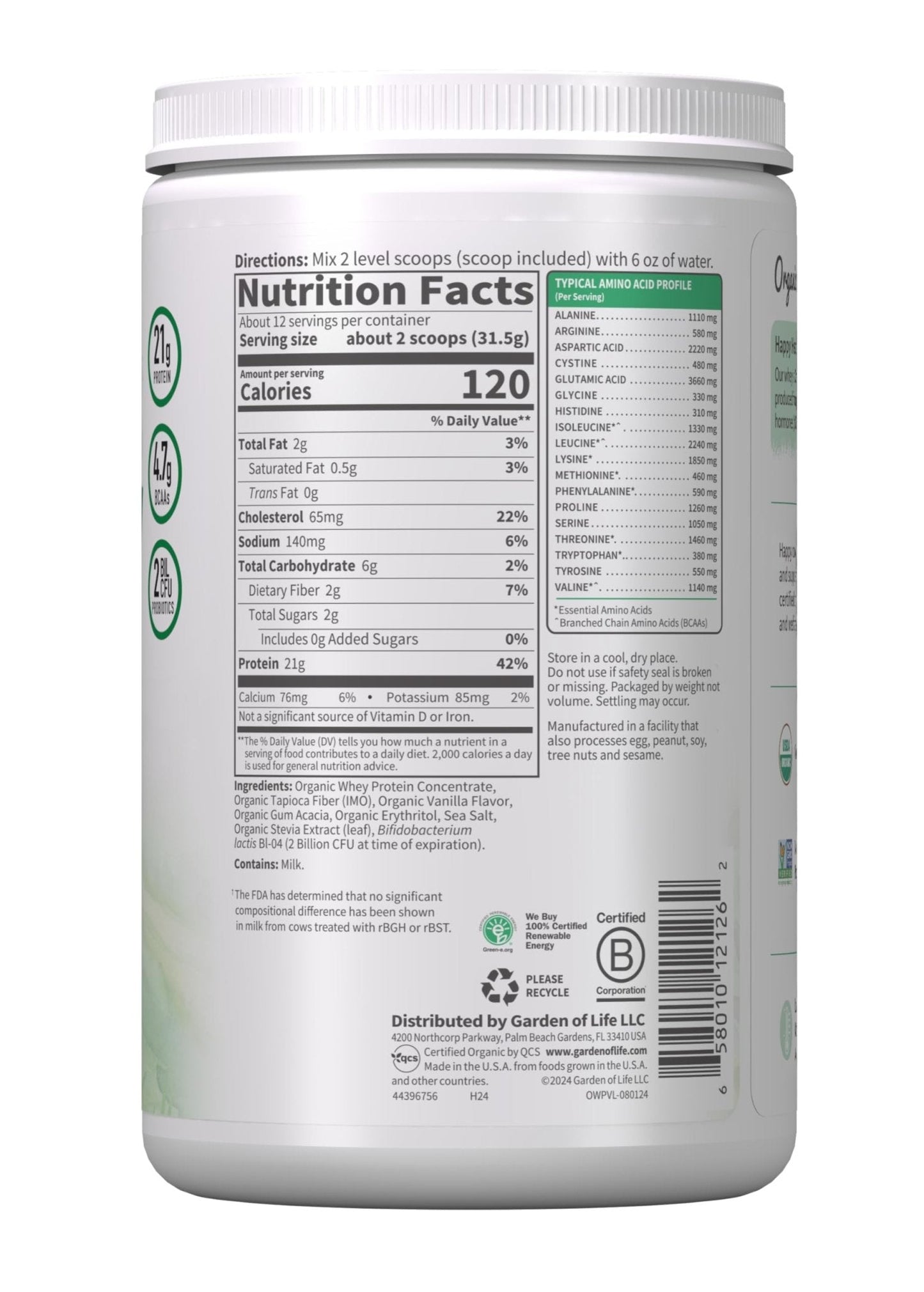 Garden of Life Grass Fed Whey Protein Powder Vanilla - 21g Protein for Women & Men + Probiotics - 12 Servings - Gluten Free, Non GMO, Kosher, Humane, RBST & rBGH Hormone Free - Maple Wellness Supplements
