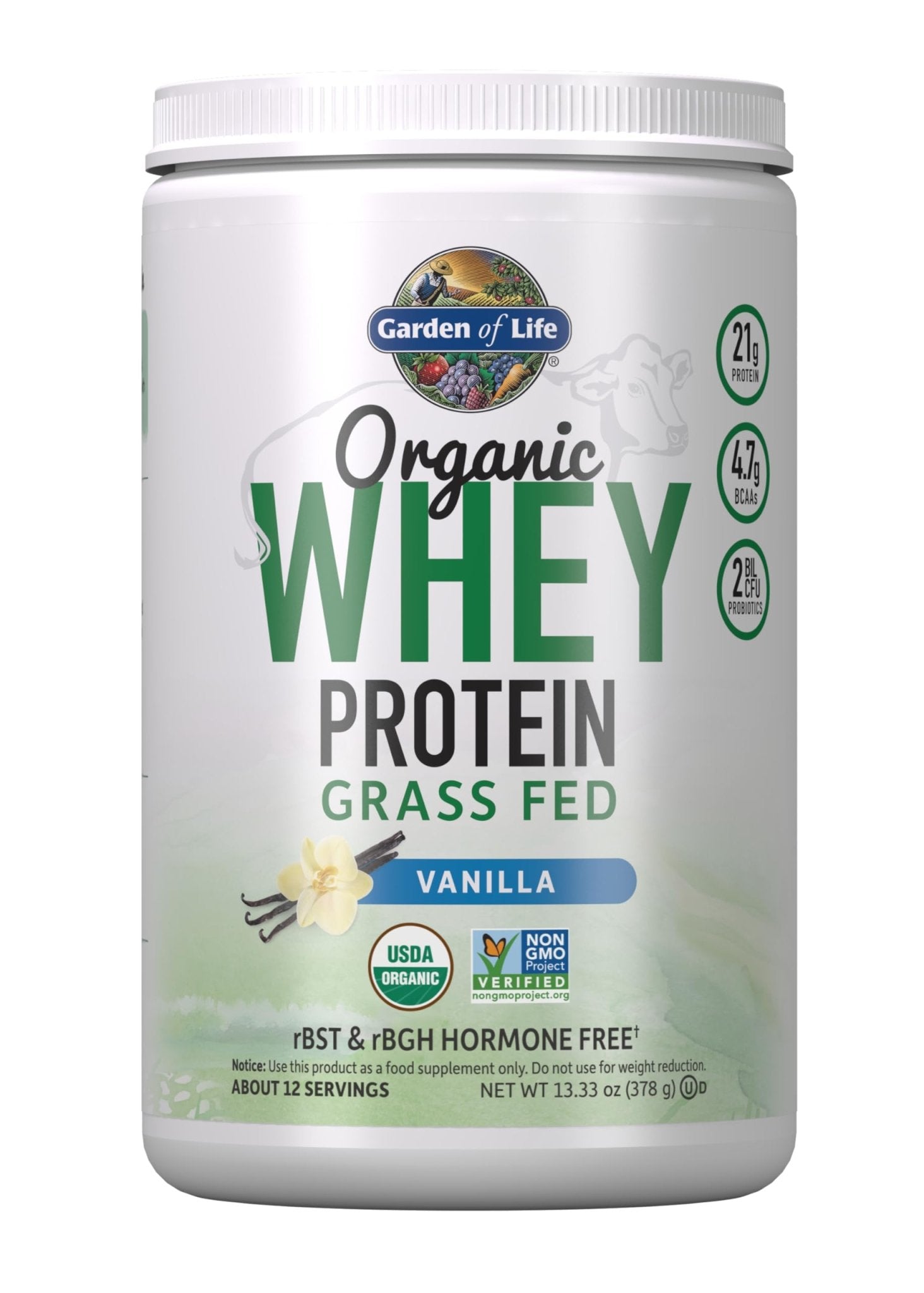 Garden of Life Grass Fed Whey Protein Powder Vanilla - 21g Protein for Women & Men + Probiotics - 12 Servings - Gluten Free, Non GMO, Kosher, Humane, RBST & rBGH Hormone Free - Maple Wellness Supplements