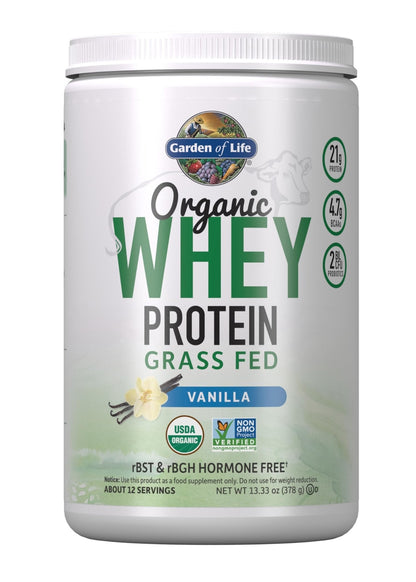 Garden of Life Grass Fed Whey Protein Powder Vanilla - 21g Protein for Women & Men + Probiotics - 12 Servings - Gluten Free, Non GMO, Kosher, Humane, RBST & rBGH Hormone Free - Maple Wellness Supplements