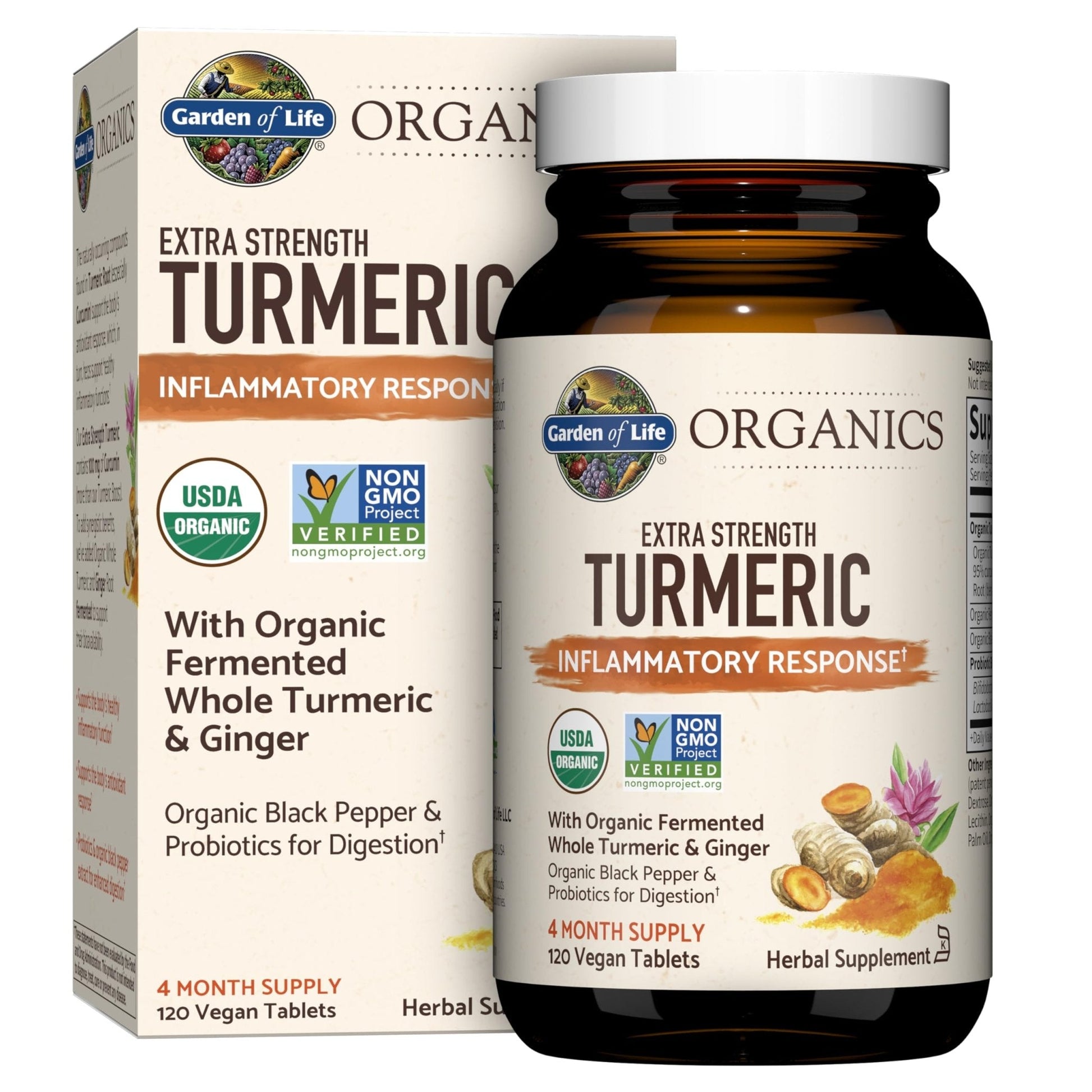 Garden of Life Organics Extra Strength Turmeric Inflammatory Response 120 Tablets-100Mg Curcumin (95% Curcuminoids) Black Pepper, Probiotics, Organic Non-GMO Vegan Gluten Free Herbal Supplement - Maple Wellness Supplements