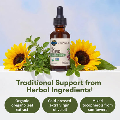 Garden of Life Organics Oil of Oregano Seasonal Drops 1fl oz (30 mL) Liquid, Concentrated Plant Based Immune Support - Alcohol-Free, Organic, Non-GMO - Maple Wellness Supplements