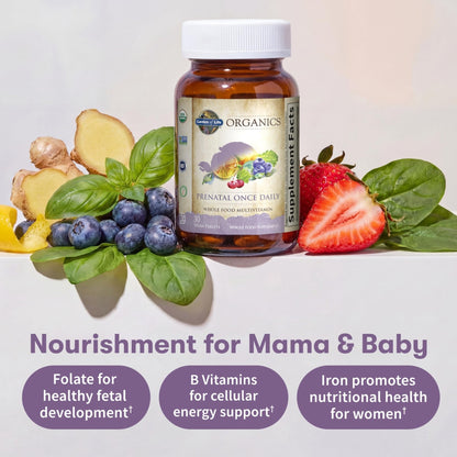Garden of Life Organics Prenatal Vitamin: Folate for Energy & Healthy Fetal Development, Non-constipating Iron, Vitamin C, B6, B12, D3 – Organic, Non-GMO, Gluten-Free, Vegan, 30 Day Supply - Maple Wellness Supplements