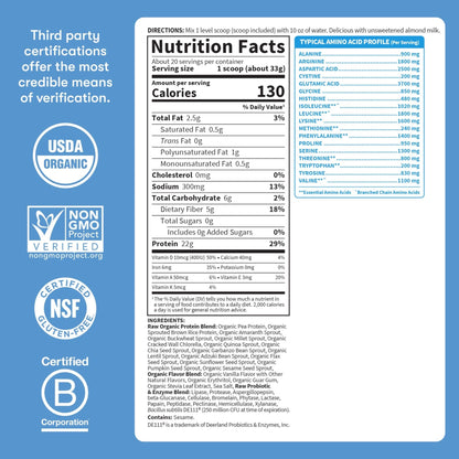 Garden Of Life Protein Powder, Vegan Protein Powder, Bcaa, Probiotics & Digestive Enzymes, Gluten & Lactose Free, Vanilla, 23.28 Ounce - Maple Wellness Supplements