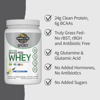 Garden of Life Sport Grass Fed Whey Protein Powder – 24g Whey Protein Isolate for Women & Men with Probiotics & Glutamine, Non-GMO, Gluten-Free, Cold-Processed, Vanilla Flavor, 20 Servings - Maple Wellness Supplements