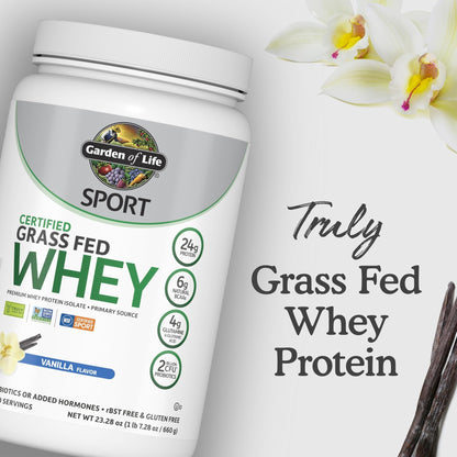 Garden of Life Sport Grass Fed Whey Protein Powder – 24g Whey Protein Isolate for Women & Men with Probiotics & Glutamine, Non-GMO, Gluten-Free, Cold-Processed, Vanilla Flavor, 20 Servings - Maple Wellness Supplements