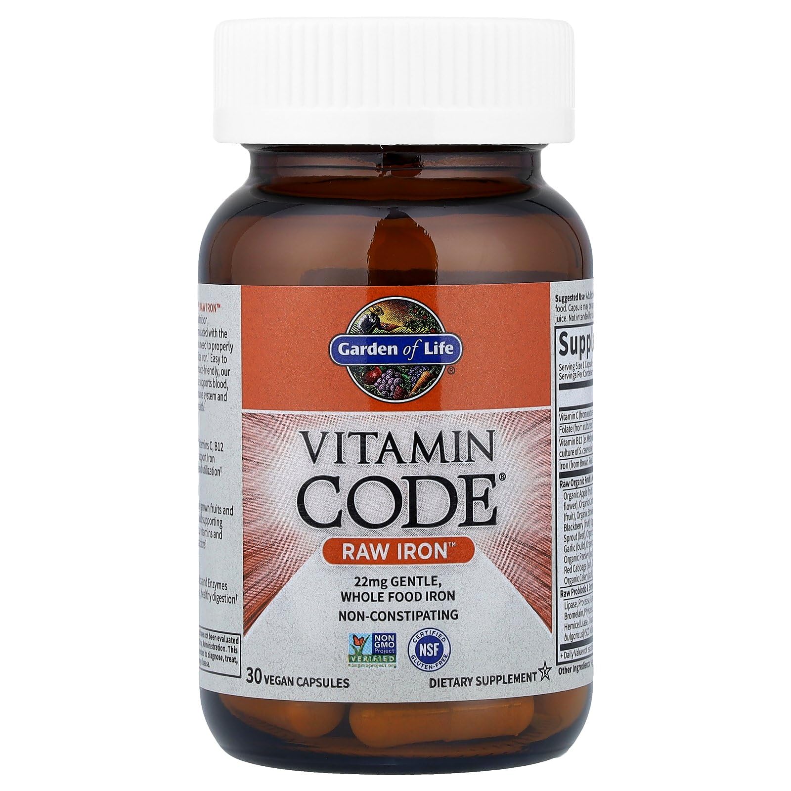 Garden of Life Vitamin Code Raw Iron Supplement - 30 Vegan Capsules, 22mg Once Daily Iron, Vitamins C, B12, Folate, Fruit, Veggies & Probiotics, Iron Supplements for Women - Maple Wellness Supplements